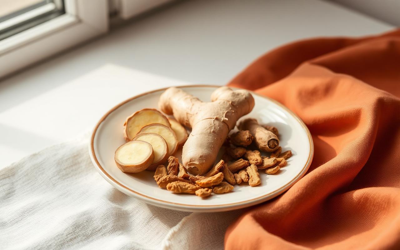 Fresh and dried ginger on a ceramic plate in soft natural window light