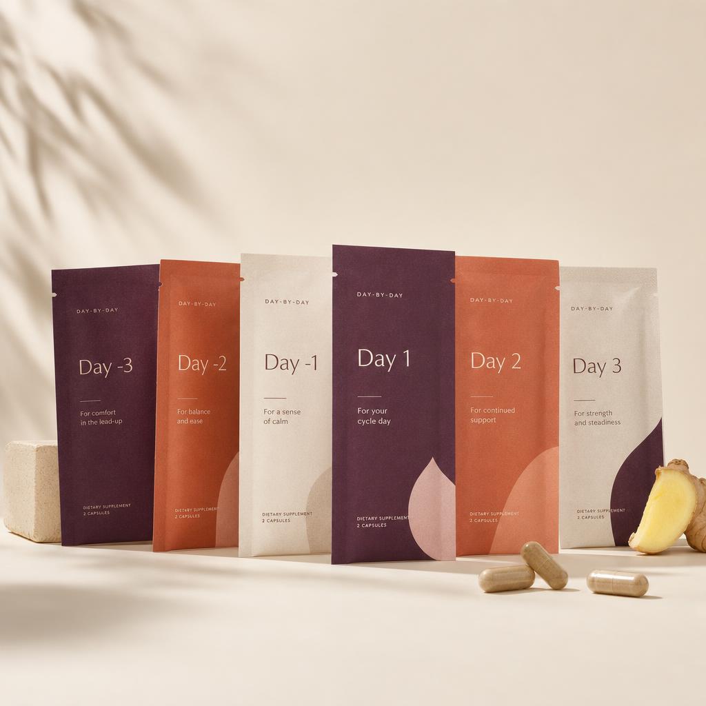 Concept image: the Monthwell day-by-day routine — daily sachets labeled Day -3 through Day 3 beside capsules and a small piece of ginger